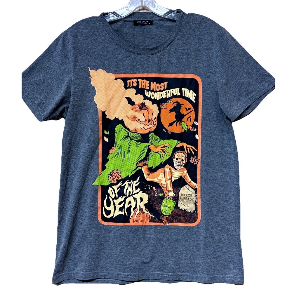 Sheshow Halloween Horror‎ Graphic T-shirt Adult Med Gray Terror Pumpkin